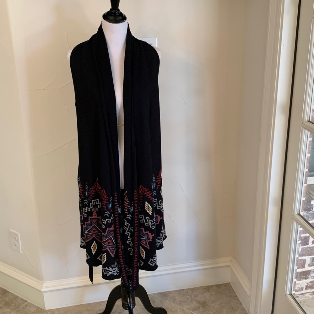Johnny Was Embroidered Black Cotton Long Vest w Tie Belt, Medium